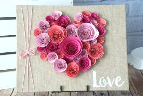 spiraled paper flowers bunched into a heart