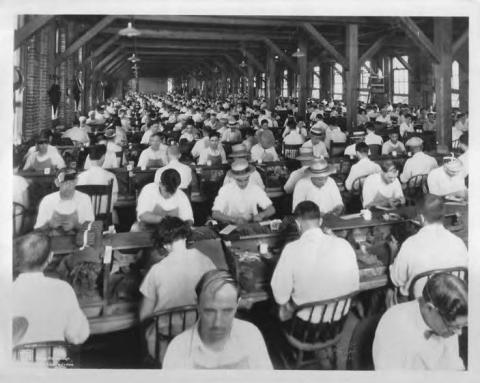 A black and white image of people rolling cigars in a factory. 