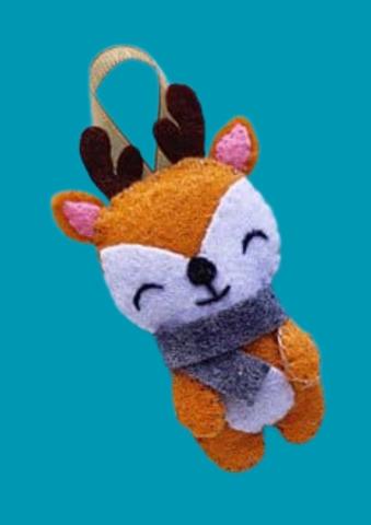 A felt reindeer wearing a scarf.