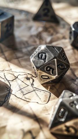 Dungeons and Dragons dice on top of a fantasy map.