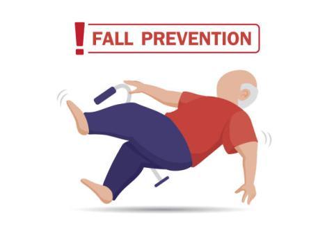 Person tripping backwards with the words fall prevention written over it