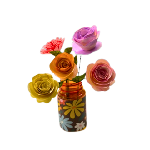 A jar of paper flowers in various colors