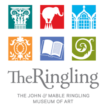 A picture of The Ringling Museum of art's logo. It features several images in boxes in a grid pattern. There is one with a column, another with an elephant,  some windows, an ornate looking swirl, a book, and another ornate swirl. 