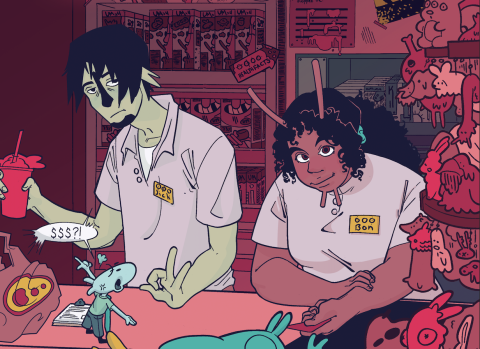 An illustration of two cashiers at a fantasy convenience store
