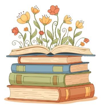Illustrated stack of books. The top book is open with flowers growing out of it.