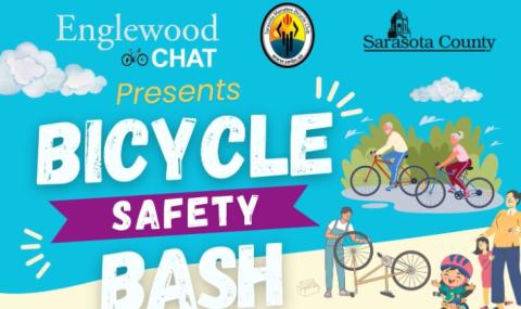 Flyer for Bicycle Safety Bash with clip art of people riding bicycles. 