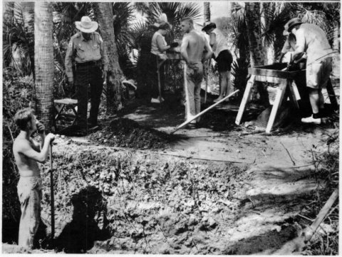 black and white photo of archaeological dig at Indian Mound Park circa the 1970s.