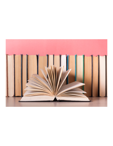 Row of books on a pink background.