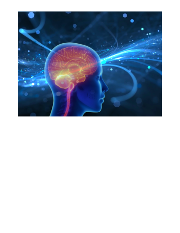Black background with an image of a human brain lit up.