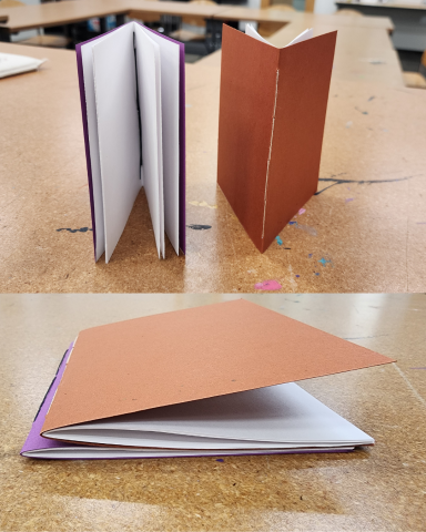 Top image: two journals standing up on a table with pages facing toward viewer on one and away on the other. Bottom image: two journals stacked on top of each other.