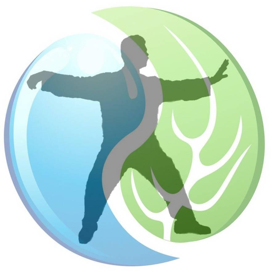 Tai Chi single whip pose inside a yin-yang circle of water and leaf to symbolize the balance of this martial art.