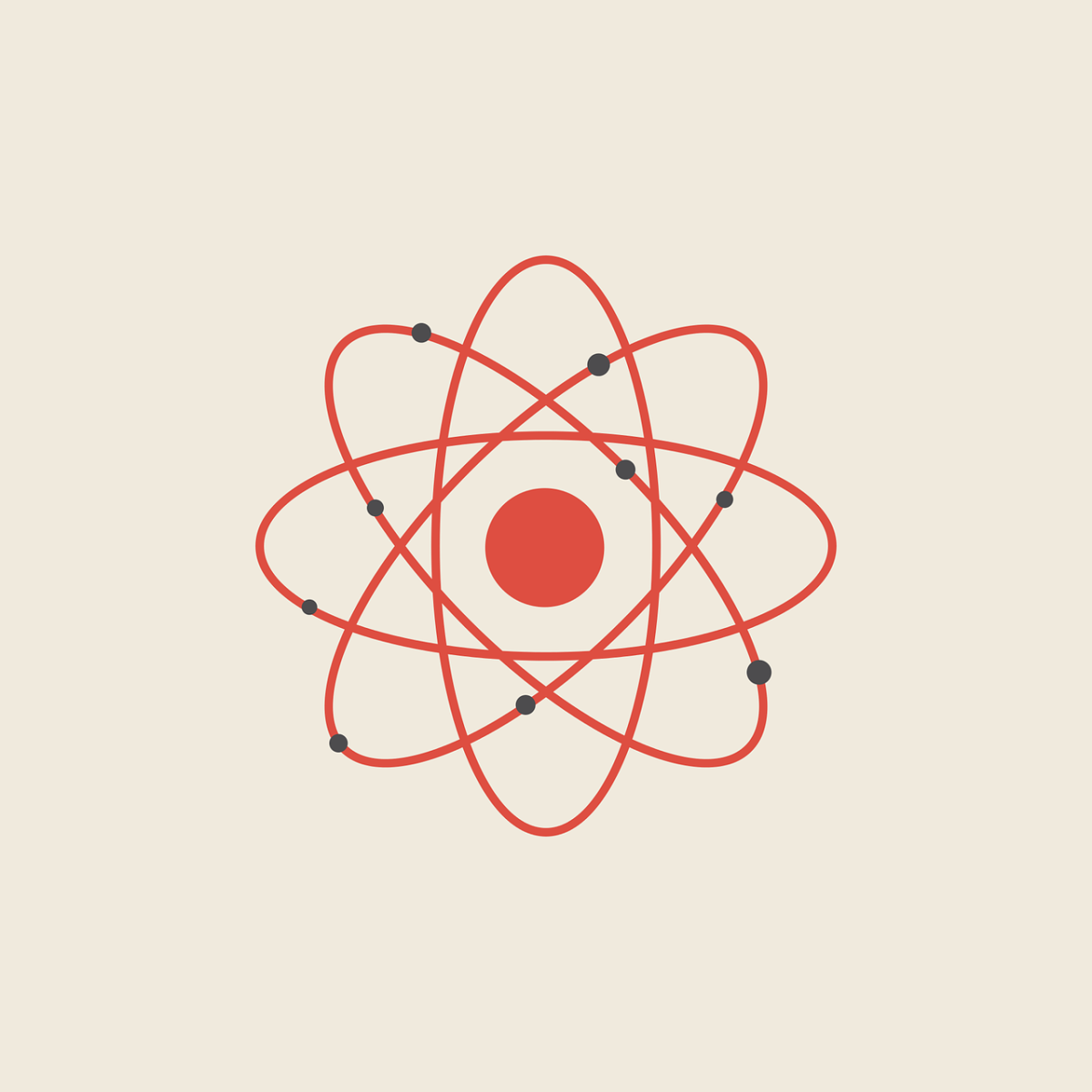 An image of a red atom with black dots.