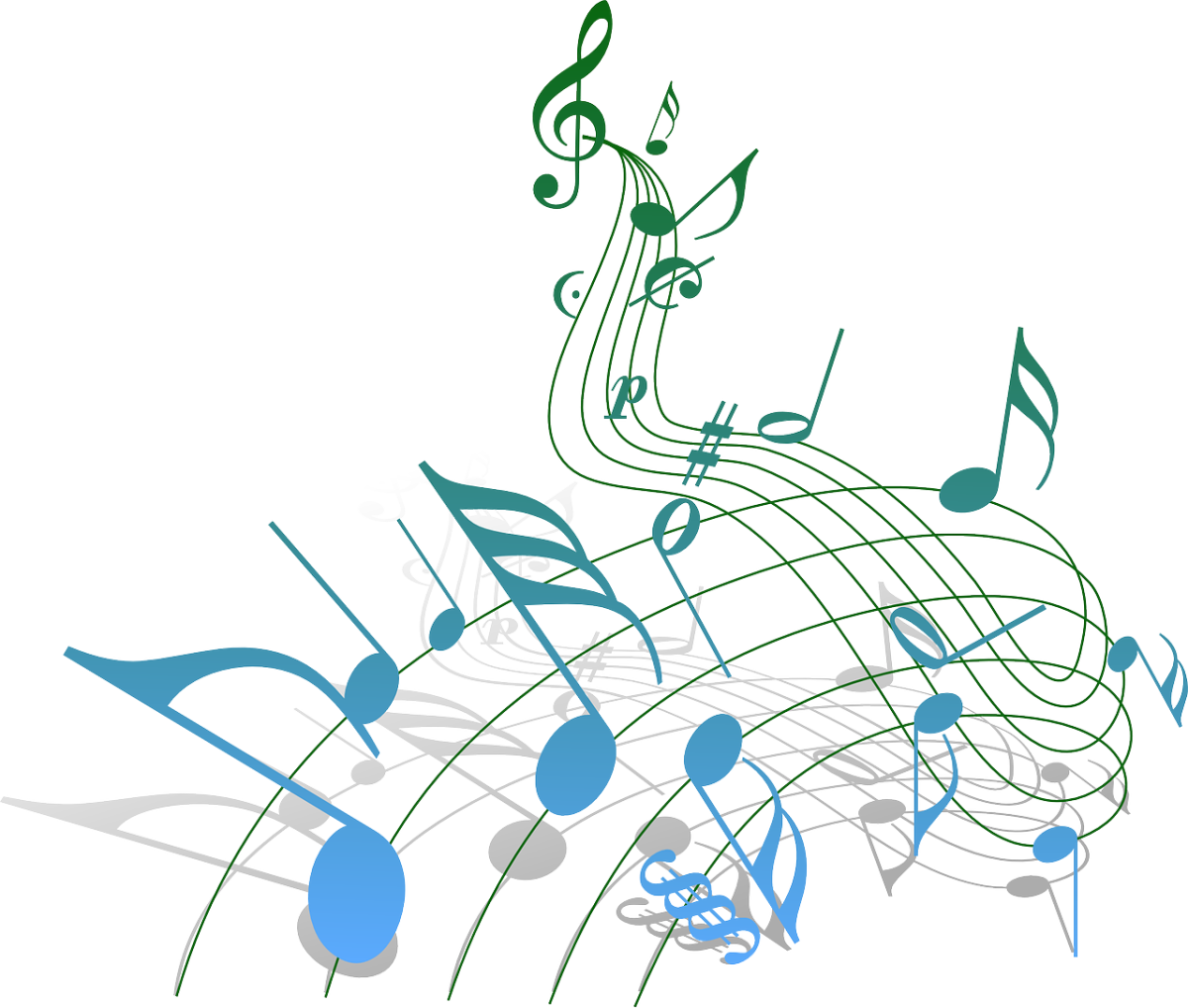 Image of music notes with the illusion of twisting away. Largest music notes are blue, and it transitions to green the smaller and more upward the music notes go.