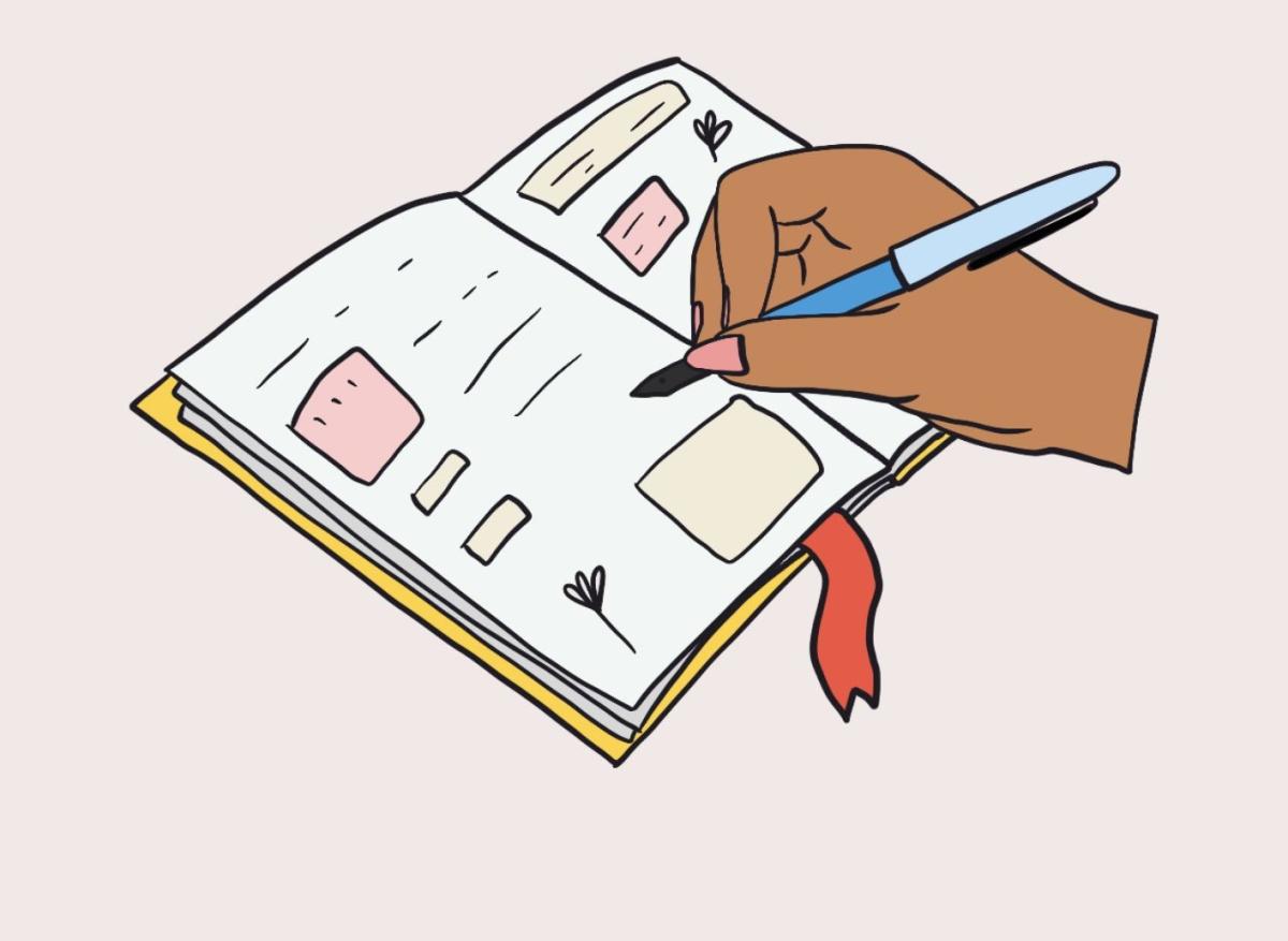 A cartoon image of a hand writing in a book