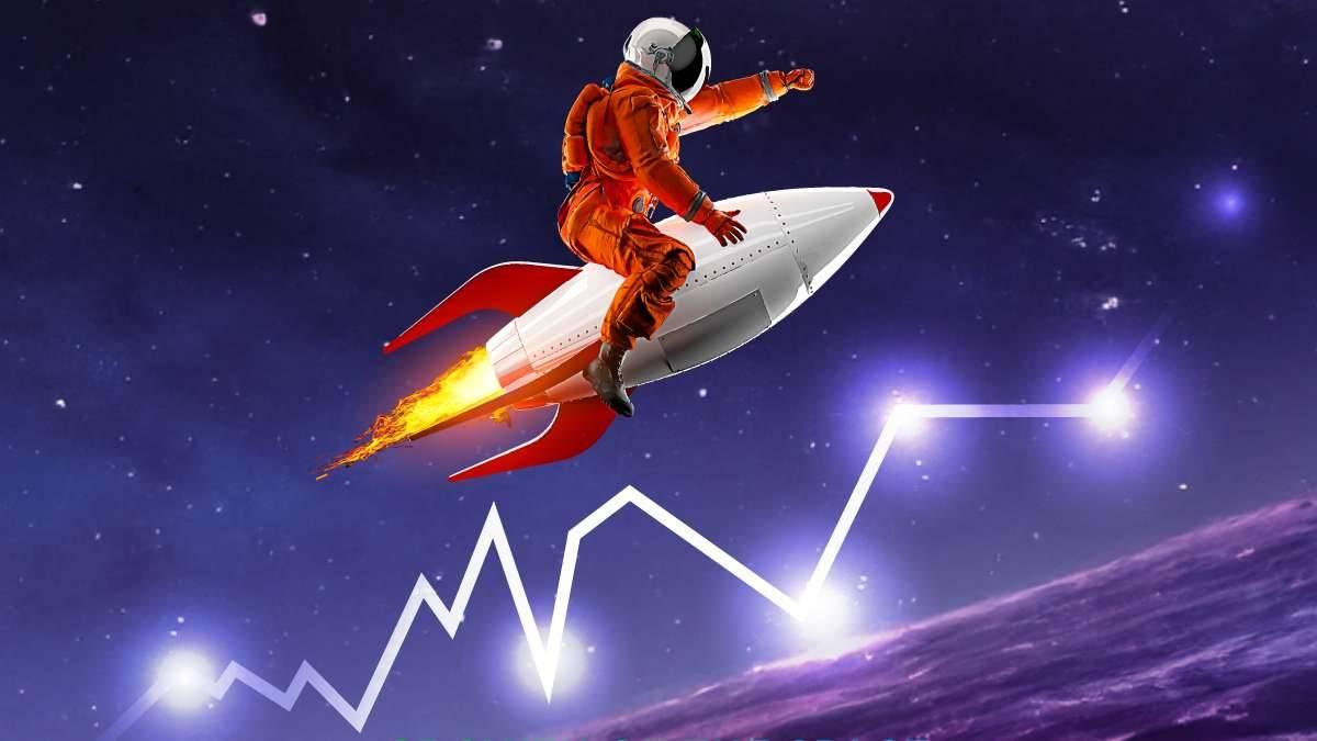 Person in an orange space suit riding on a rocket.