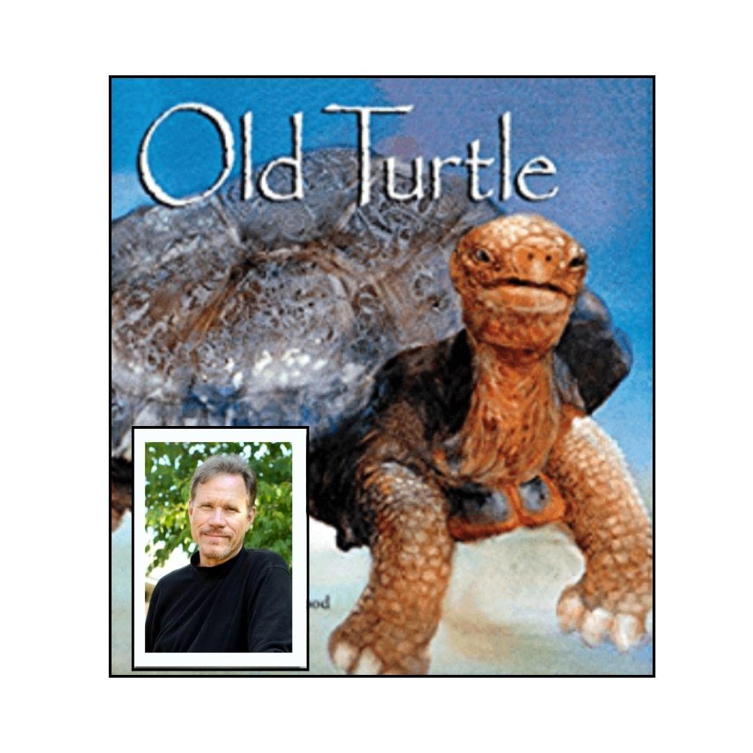 A headshot of author Douglas Wood on the left bottom of the book cover of "Old Turtle."