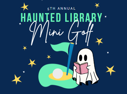 A ghost reading a book in front of a mini golf hole.