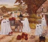 Painting of a country home with ghosts and pumpkins added in.