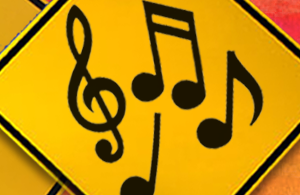 Music notes on a yellow sign 