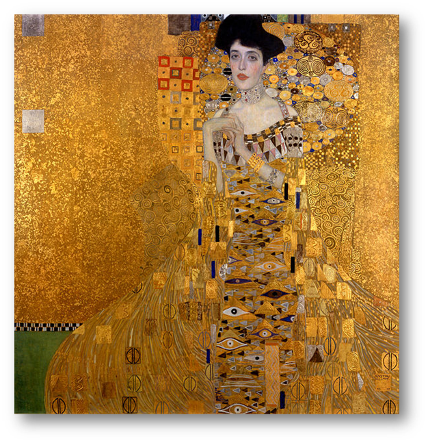 Painting of a dark-haired woman dressed in gold with a gold background by Gustav Klimt.