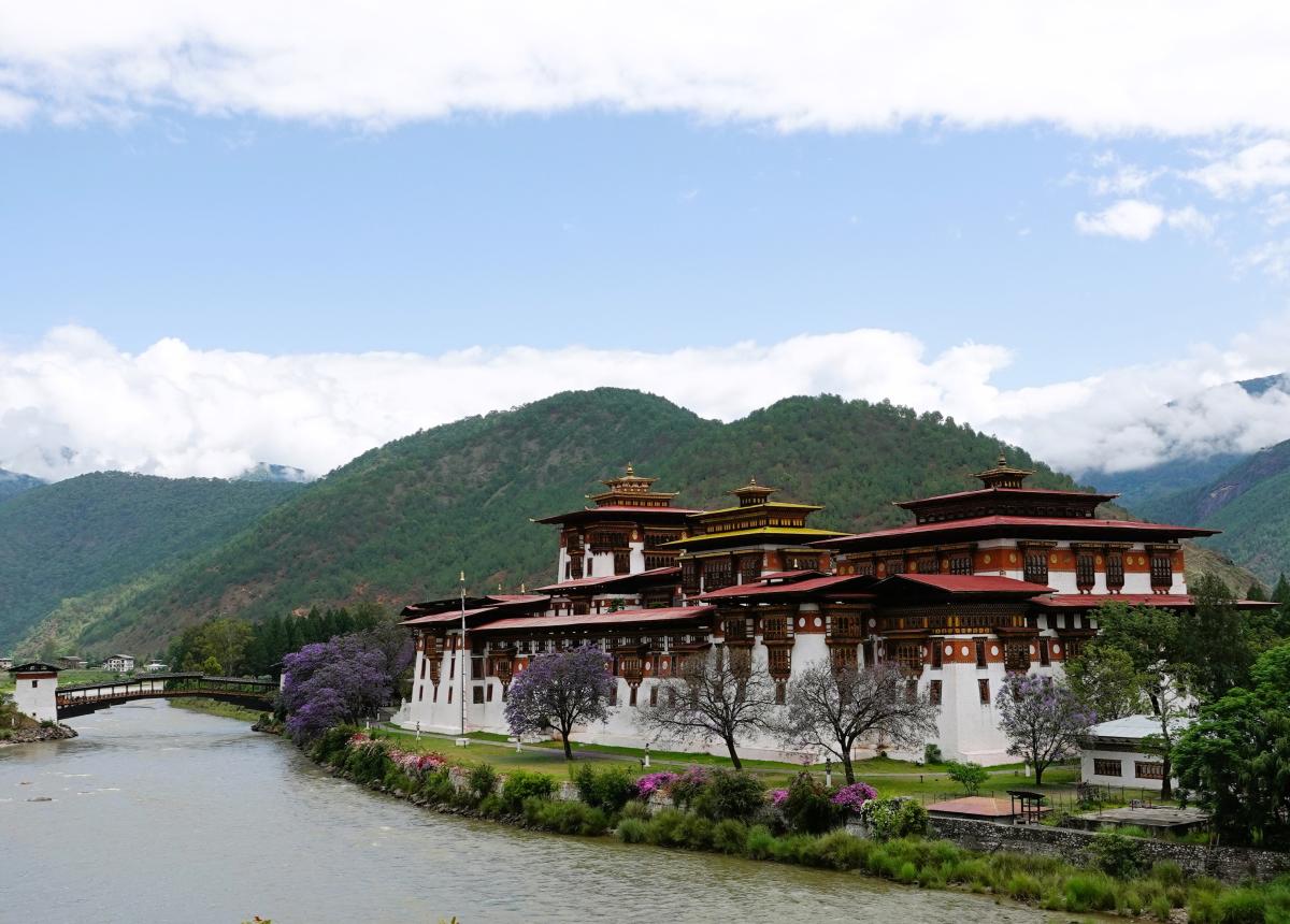 Unique buildings of Bhutan set along a river and mountain landscape.