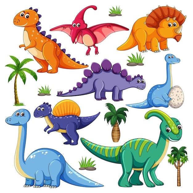 Cartoon-like pictures of eight different dinosaurs.