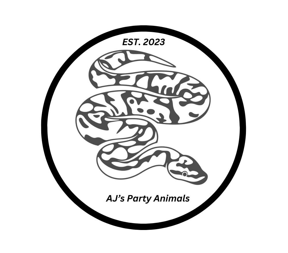 Logo for AJ's Party Animals - black and white drawing of a boa constrictor