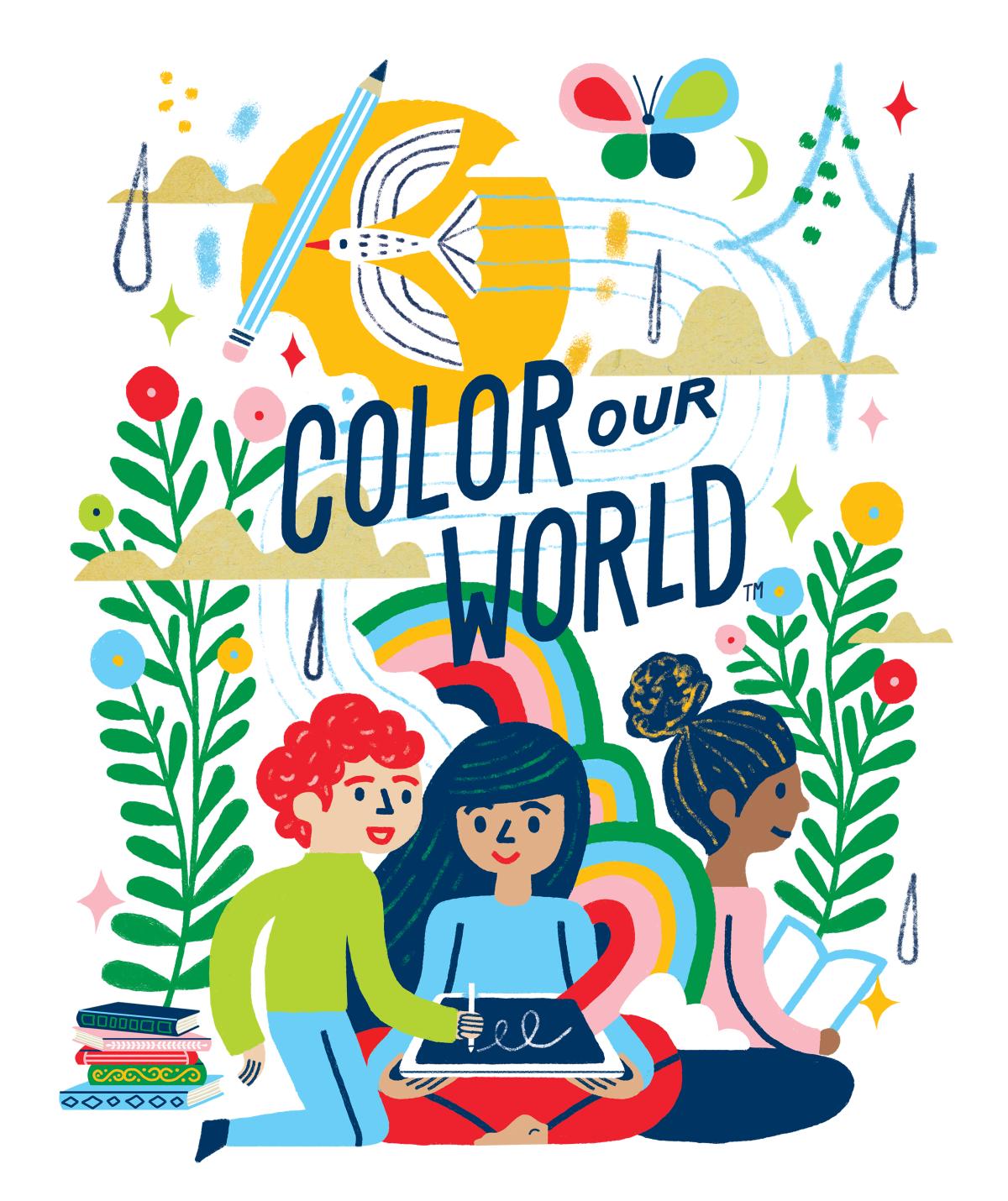 Colorful graphic of 3 children sitting under the words Color Our World