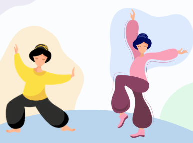 Two women are striking qigong poses with their arms stretched out