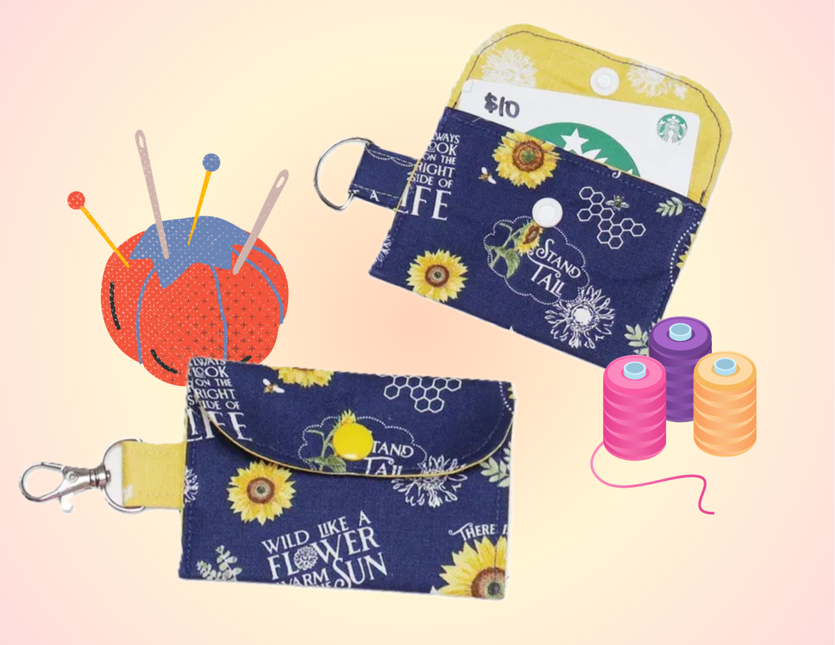 Two handmade card-sized pouches along with sewing notions