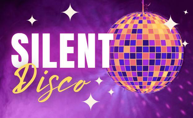 Silent Disco on a purple sparkly background with a disco ball