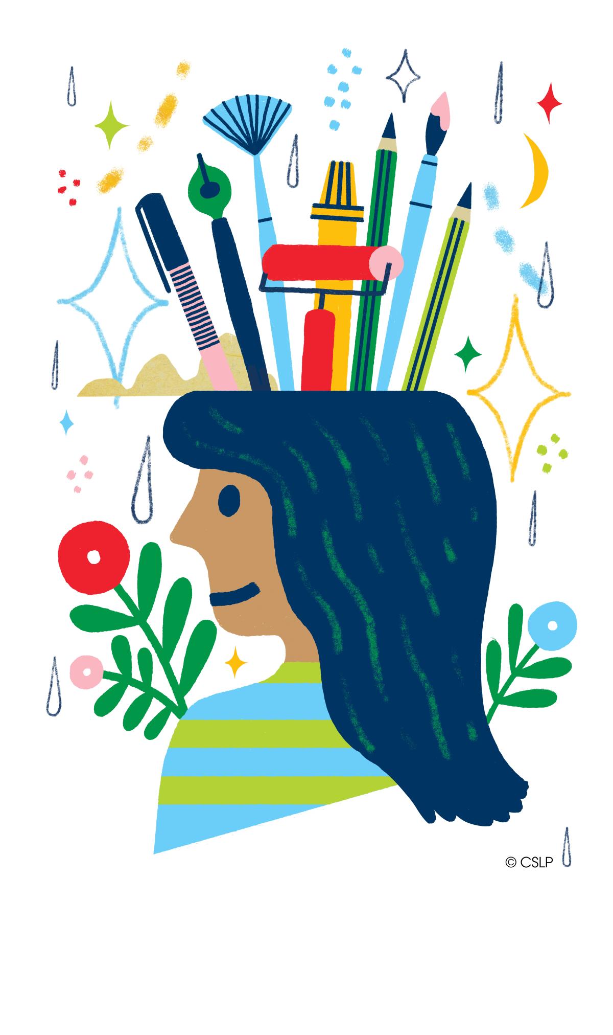 Graphic drawing of a girl's head with art supplies on top.