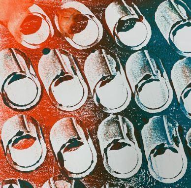 White cylinder shapes on a red and blue background.