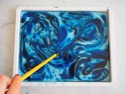Various hues of blue paint swirled together with a paint brush