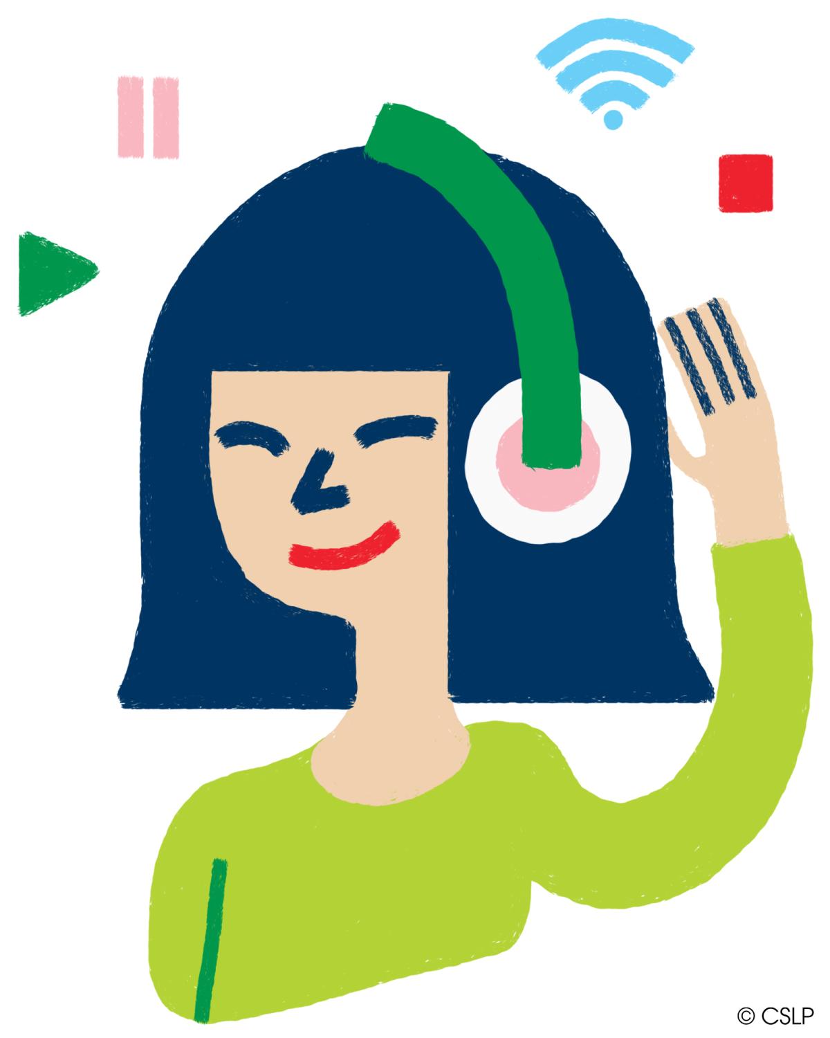 Drawing of a girl wearing headphones