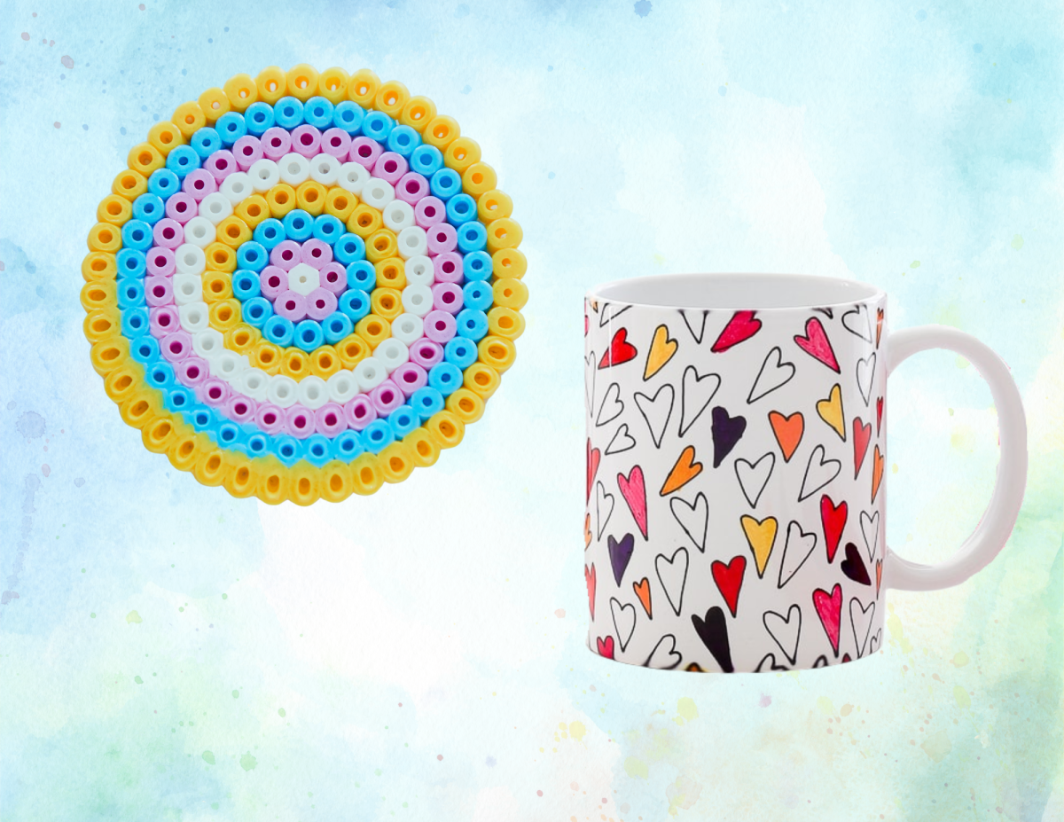 Handmade coaster with Perler Beads next to a coffee mug.