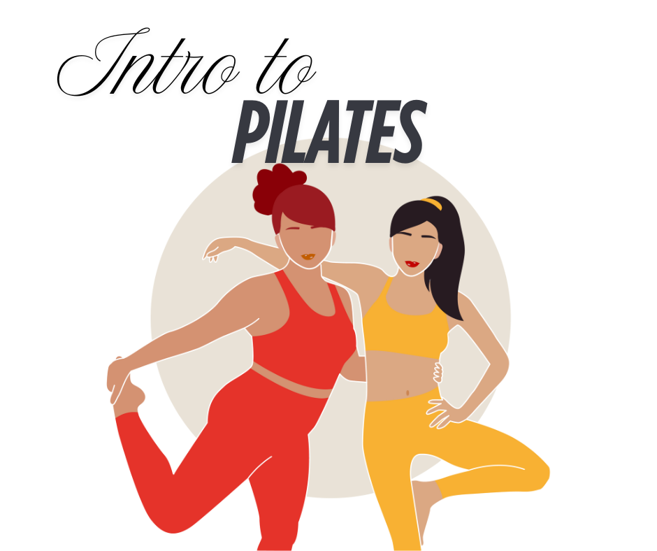 A graphic of two women in exercise clothes with the text "Intro to Pilates."