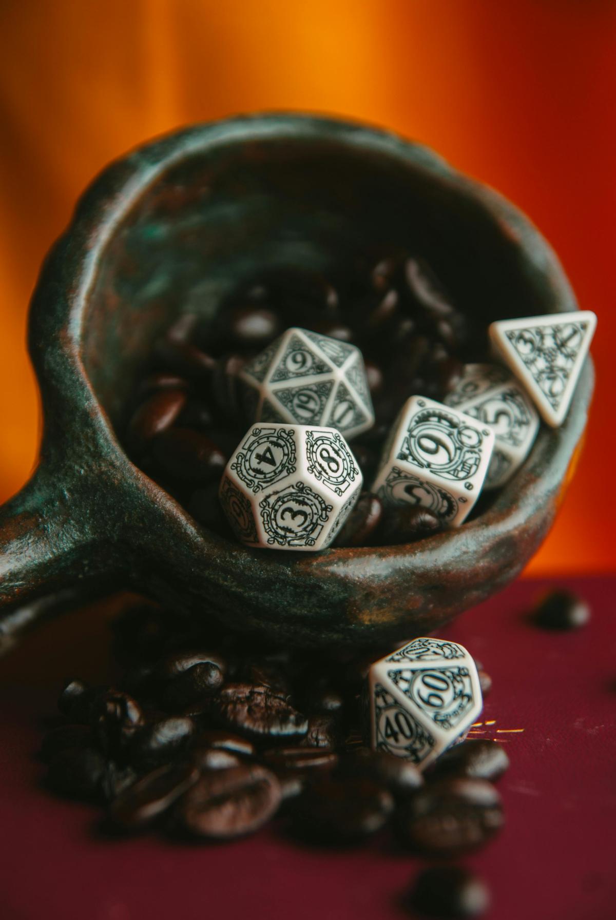 D&D dice in a handmade mug