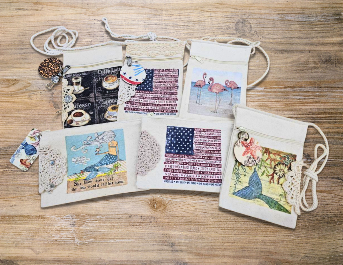 Hand-decorated canvas bags using a decoupage technique