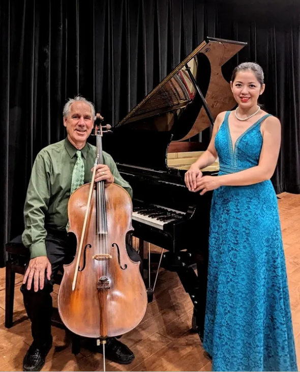Photo of Duo Arpeggione (Drs. Catherine Lan and Claudio Jaffe) with cello and piano