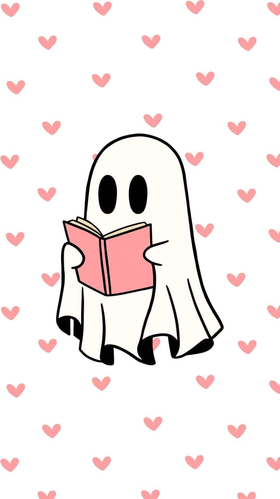 A ghost reading a book on a backdrop of hearts.