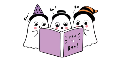 3 ghosts reading a book titled "How to Boo" 
