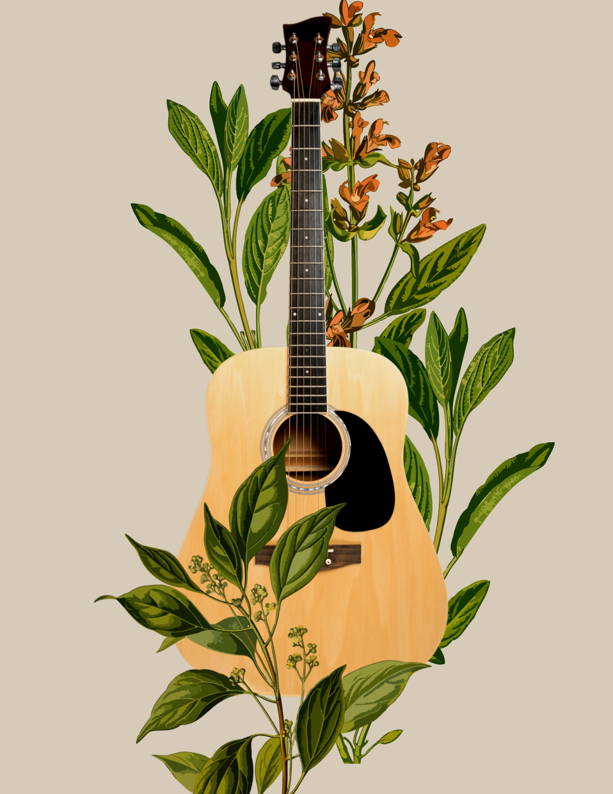 Photo of a guitar and flowers. 