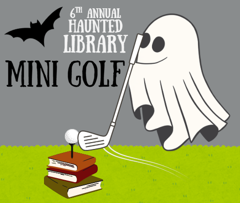 A ghost with a golf club about to hit a golf ball balanced on a stack of books.
