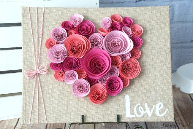 spiraled paper flowers bunched into a heart