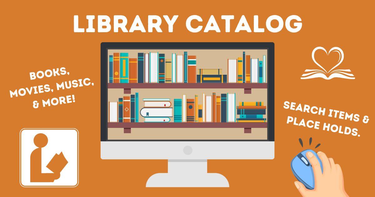 A computer screen with books on it, with a computer mouse, below the text "library catalog."