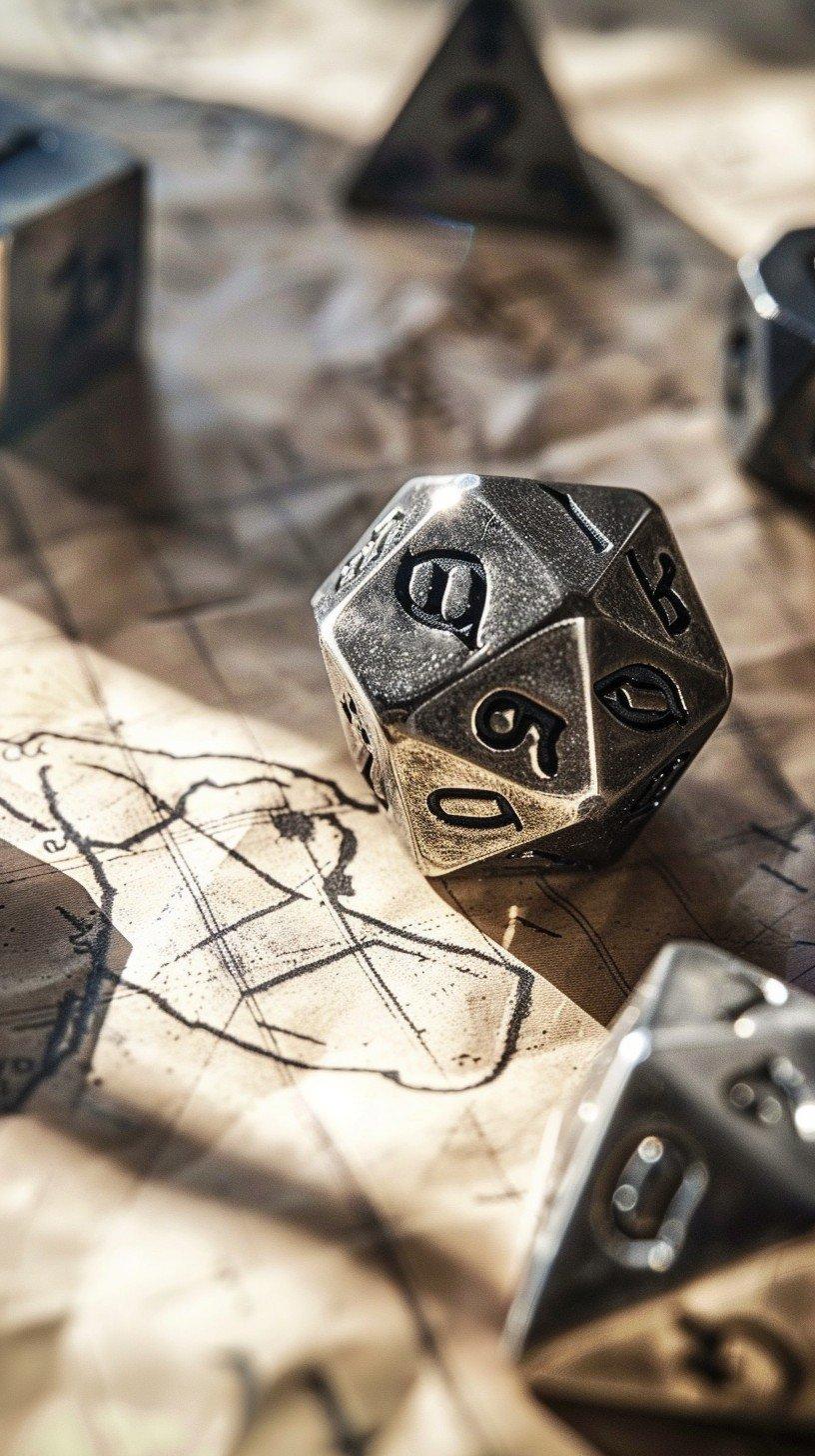 Dungeons and Dragons dice on top of a fantasy map.