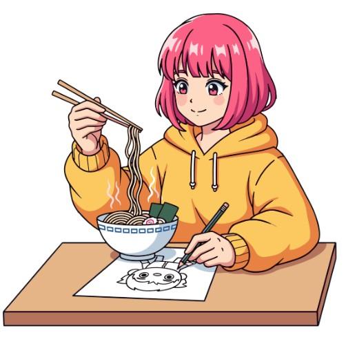 Anime girl eating ramen and drawing