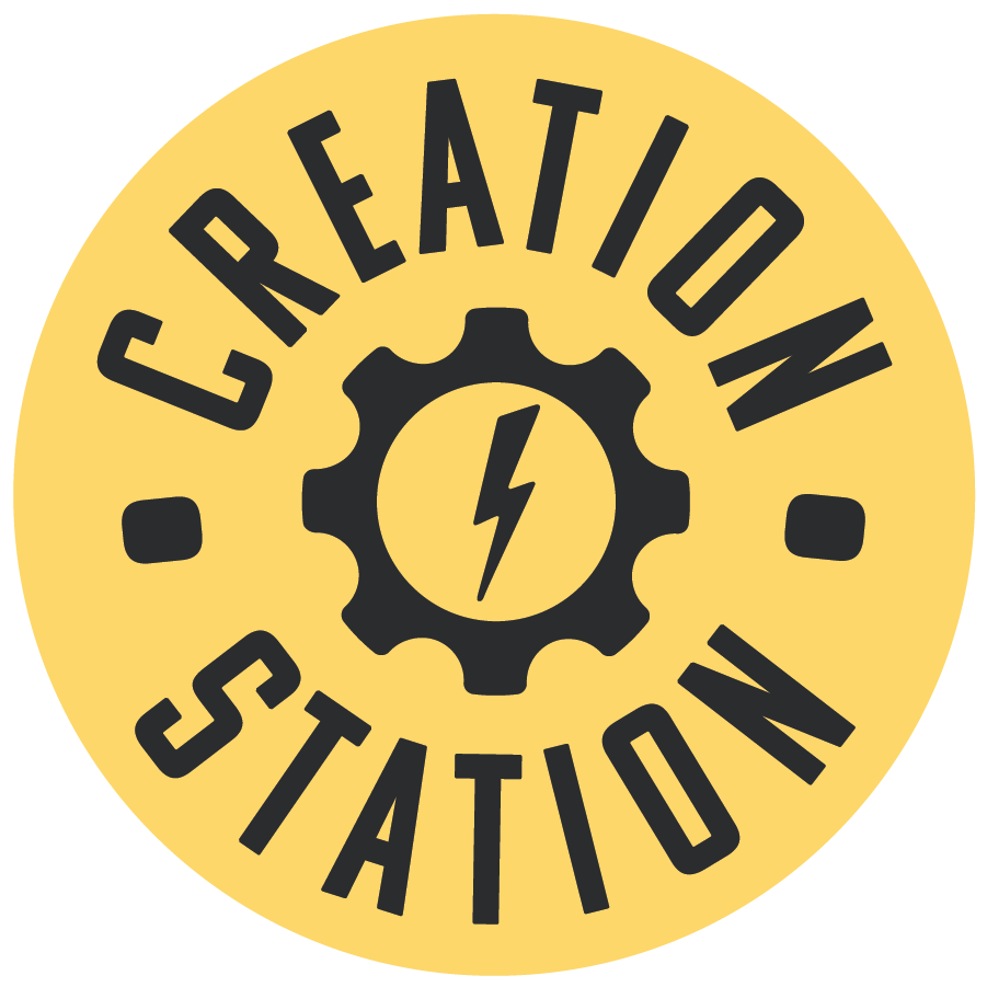 Yellow Creation Station logo with gear and lightning bolt