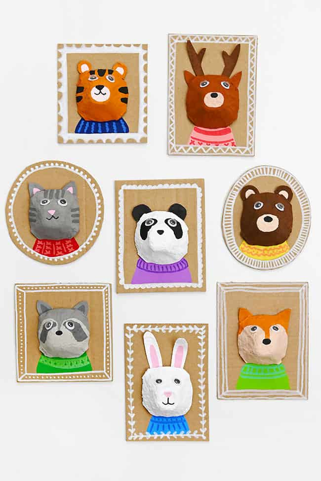 Portraits of animals made out of egg cartons 